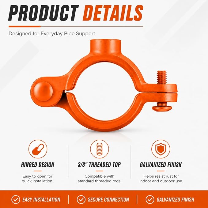 Orange 10 Pack 3/4'' Hinged Split Ring Pipe Hanger, Copper Epoxy Coated Iron - Image 3
