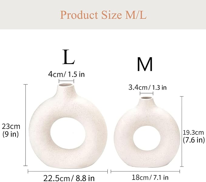 White Ceramic Donut Vase Set of 2, Big Hollow Round Matte Pampas Flower Vases - Image 6