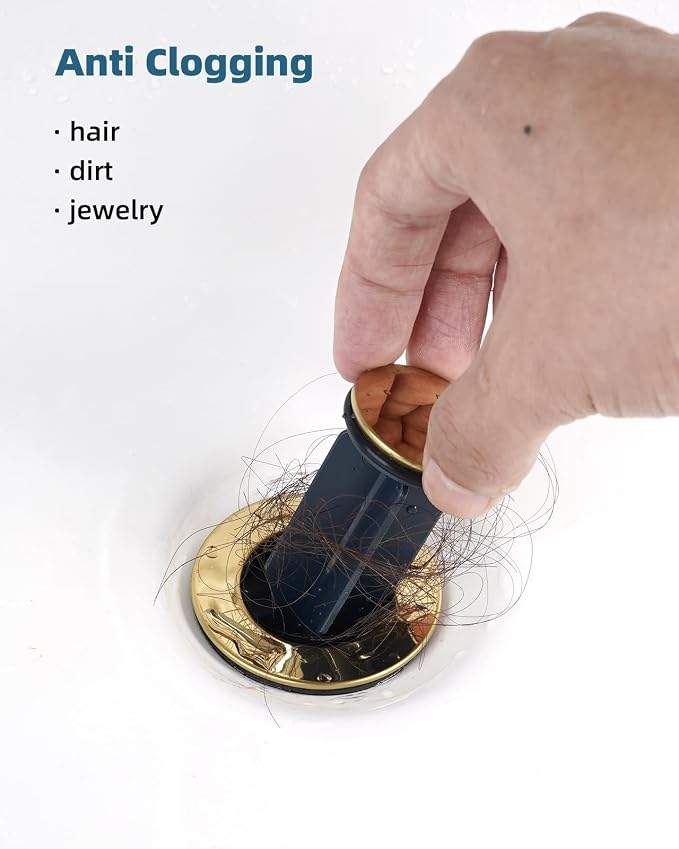2PCS Bathroom Sink Drain with Lift Rod, Universal Fit, Brushed Gold - Image 5
