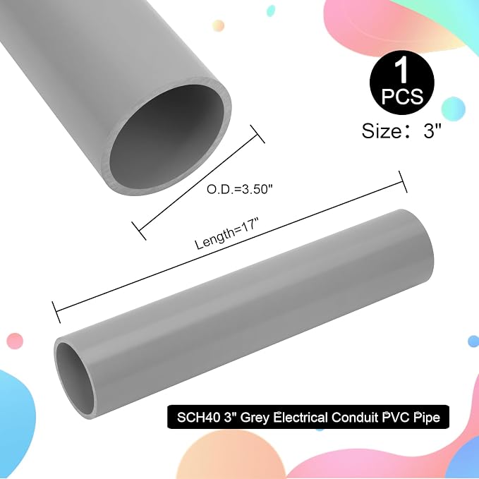 3Inch Grey Electrical Conduit PVC Pipe 17" Long Sch40 PVC Rigid Tube Round - Image 3