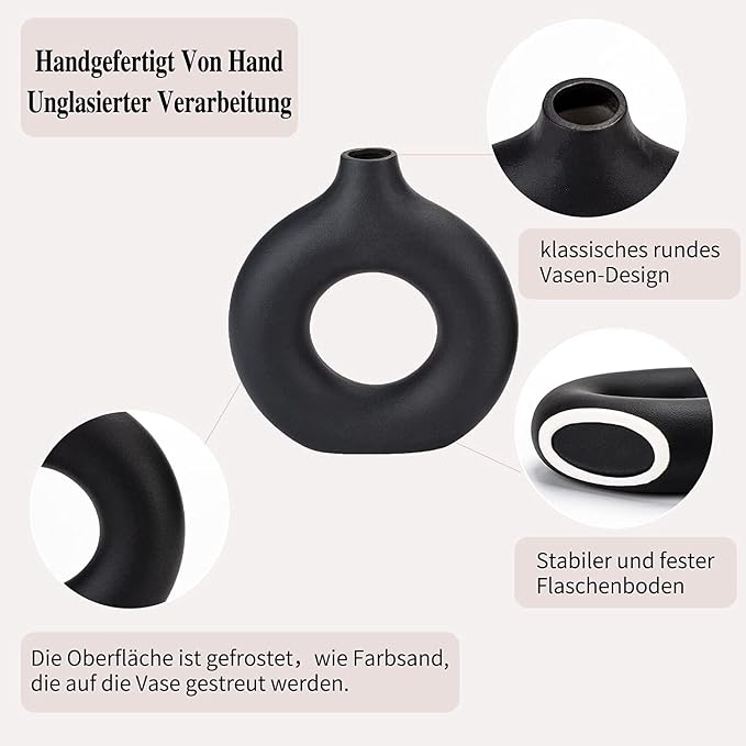 Black Ceramic Donut Vase Set of 2, Big Hollow Round Matte Pampas Flower Vases - Image 2