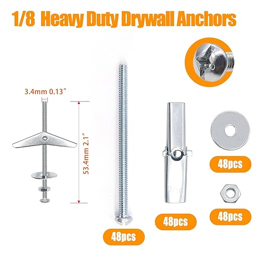 weideer 192Pcs Toggle Bolts 1/8" Heavy Duty Drywall Anchors and Screws - Image 6