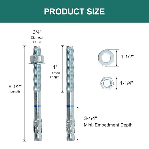 3/4" x 8-1/2" Concrete Anchors 3/4 inch Wedge Anchors Bolts Zinc Plated - Image 2