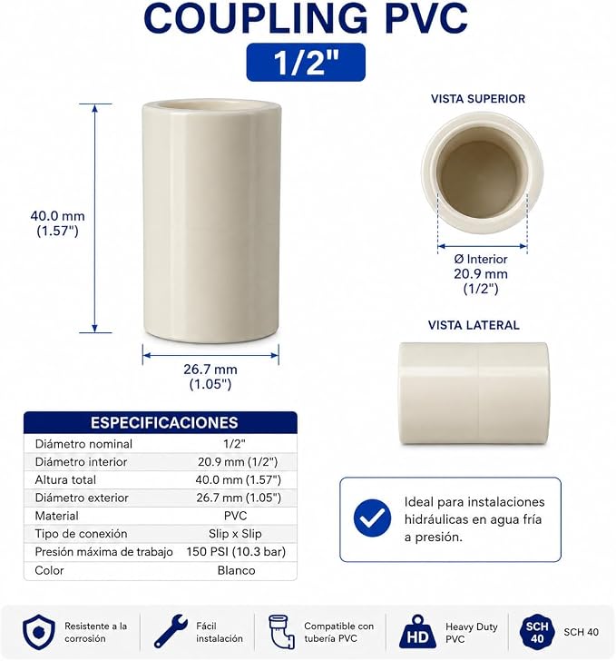 1/2 Inch SCH 40 PVC Fittings Kit, Slip x Slip Elbows, Couplings & Tees - Image 5