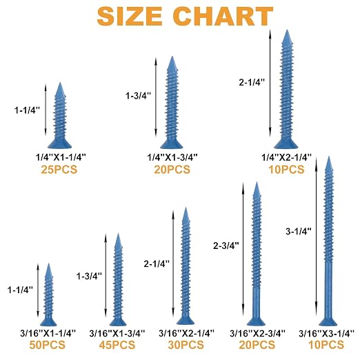 VIGRUE 1/4" 3/16" Concrete Screws Assortment Kit 210PCS Flat Head Cement Screws - Image 3