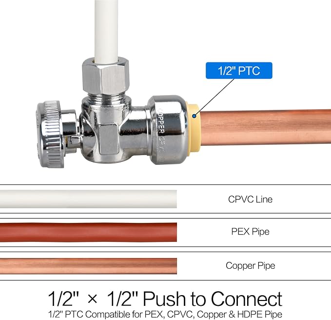 10pcs Angle Stop Valve, 1/2" PTC Input, 3/8" OD Compression Output | - Image 4