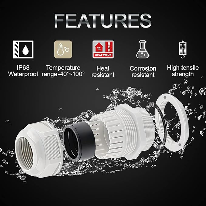 20 Pack NPT 1" Cable Glands Waterproof Adjustable 18-25mm Cable Connectors Grey - Image 3