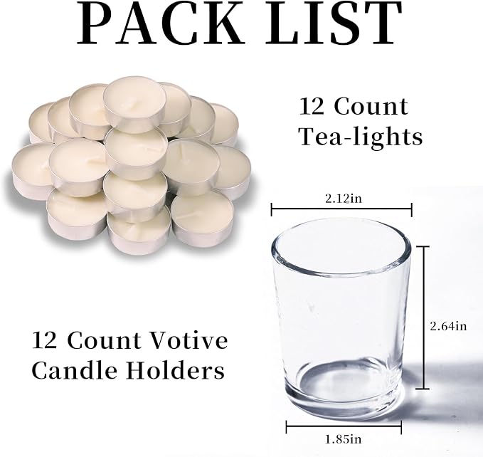 Letine 12-Pack Unscented Tea Light Candles & Glass Votive Holder, Long-Lasting - Image 3