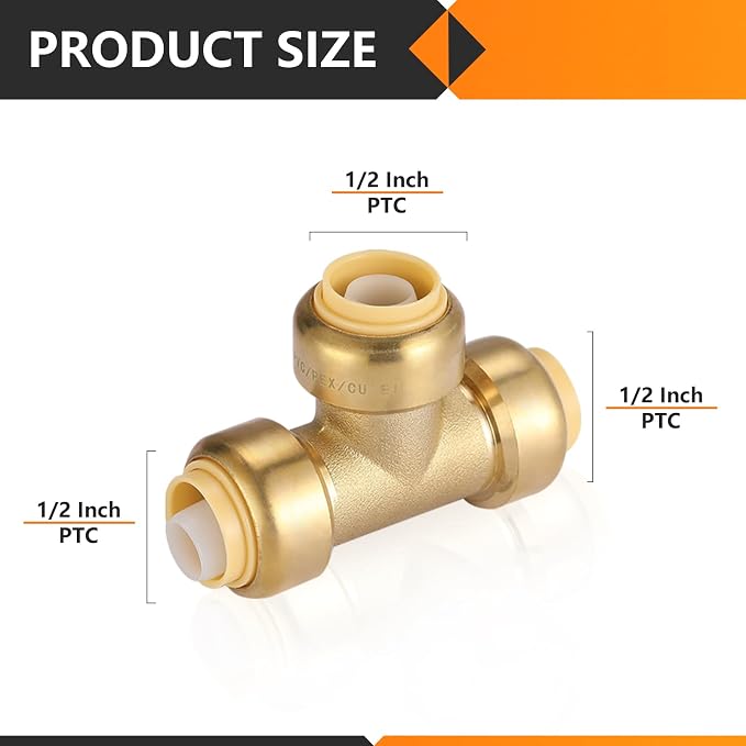 300PC HeSun 1/2" Pushfit Tee, Push to Connect Plumbing Fittings | Brass - Image 2