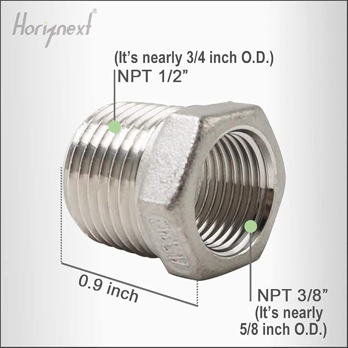 NPT 1/2" Male to 3/8" Female Hex Reducing Bushing, 304 SS, pneumatic lines and - Image 2