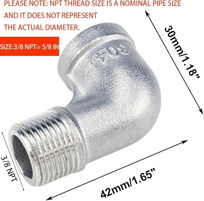 2Pcs 304 Stainless Steel 90 Degree Elbow 3/8" NPT Threaded Pipe Fitting Female - Image 2