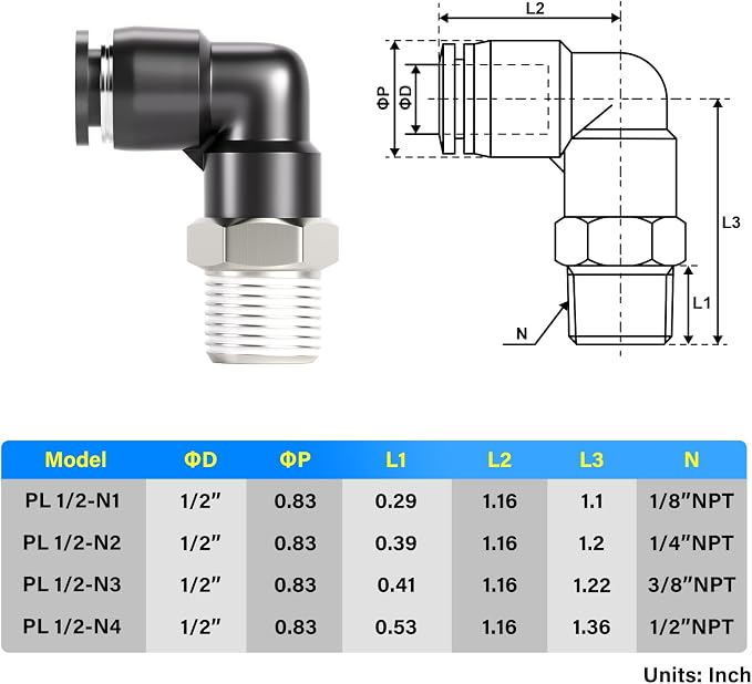 TAILONZ 1/2" x 1/2" NPT Push to Connect Elbow Fitting 5pcs | Copper&Plastic - Image 2
