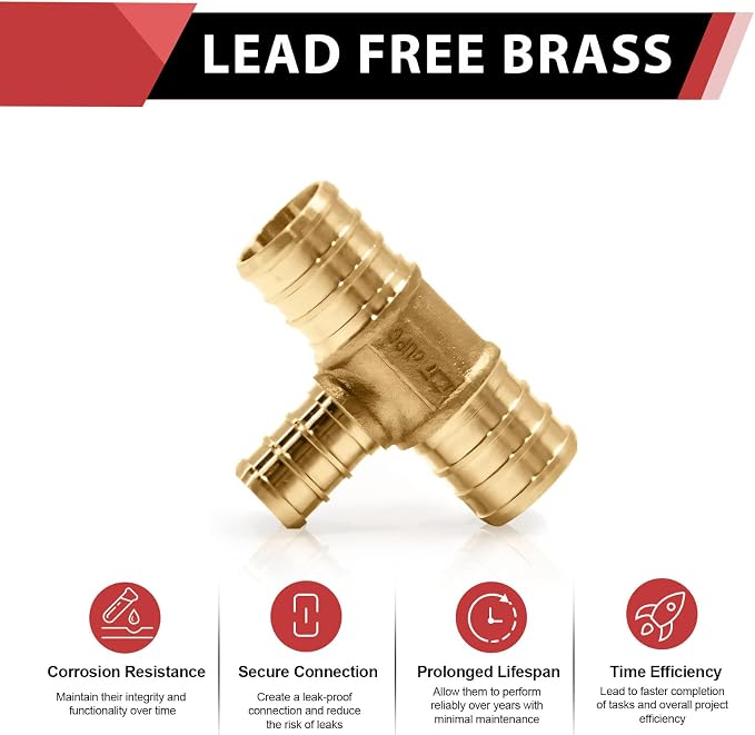 50PC EFIELD Barb Pex 3/4" x 3/4" x 1/2" Reducing Tee Brass Crimp Fittings | - Image 3