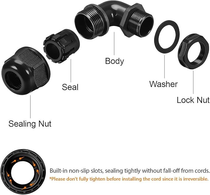 M16 Cable Gland, 90 Degree Adjustable 6-10mm Strain Relief, Cord Connectors - Image 4