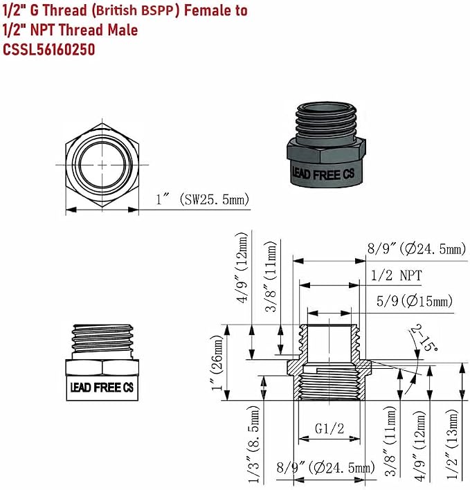Cascada Lead-Free 1/2" G Thread Female to NPT Male Adapter | Brass Pipe Fitting - Image 3