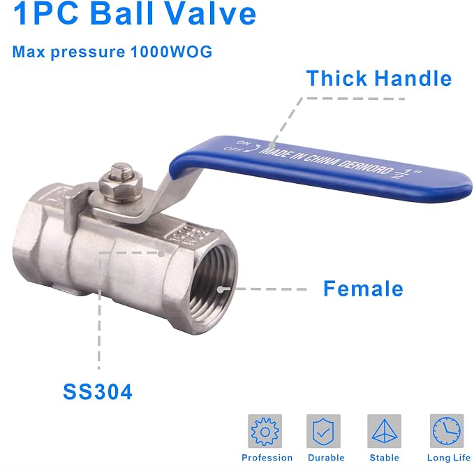 DERNORD Stainless Steel Ball Valve 1PC Type 0.5 Inch NPT Standard Port - Image 2