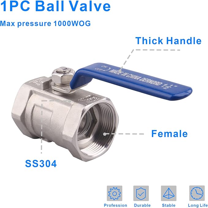 DERNORD Stainless Steel Ball Valve 1PC Type 1.5 Inch NPT Standard Port - Image 3