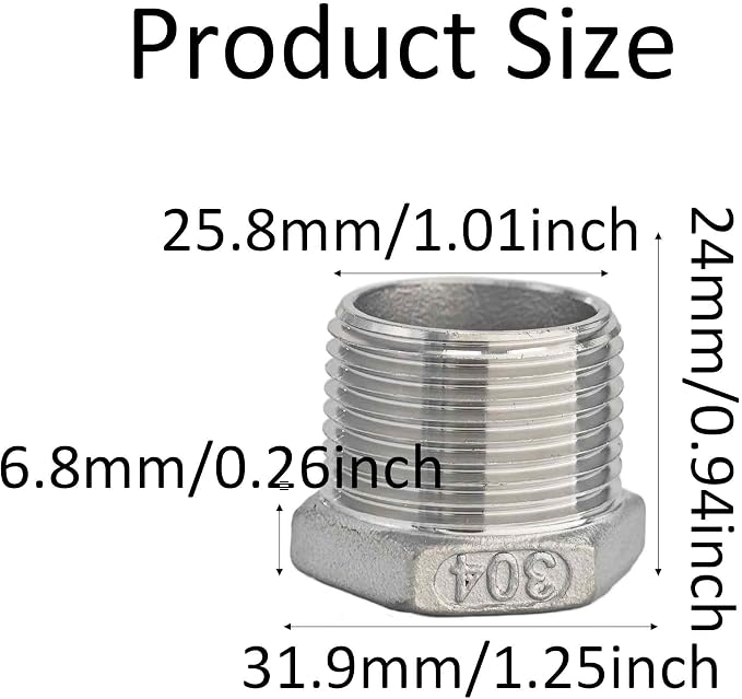 304 Stainless Steel Reducer Hex Bushing, 3/4" NPT Male to 1/2" NPT Female - Image 2