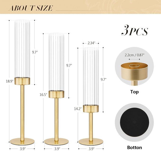 Glass Hurricane Candlestick Holders Gold, KSWING Set of 3 Taper Candle Holders - Image 4