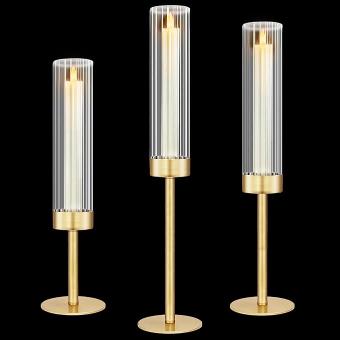 Glass Hurricane Candlestick Holders Gold, KSWING Set of 3 Taper Candle Holders by Unknown