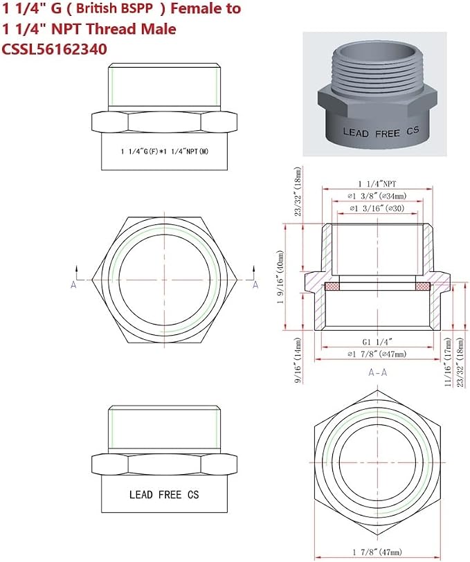 Cascada Lead-Free 1 1/4" G Thread Female to NPT Male Adapter | Brass Pipe - Image 2