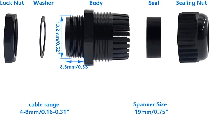 1/4 Inch NPT Strain Relief Nylon Cord Grip, SAFYY 5 PCS Waterproof Cable Glands - Image 2