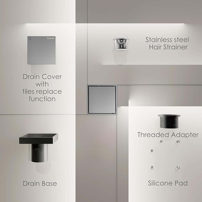 Sunrosa 6 Inch Square Shower Drain, Polished Chrome, 304 Stainless Steel | - Image 4