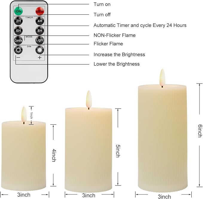 Battery Operated Candles with Remote, LED Flameless Wavy Pillar Candles | 3D - Image 5