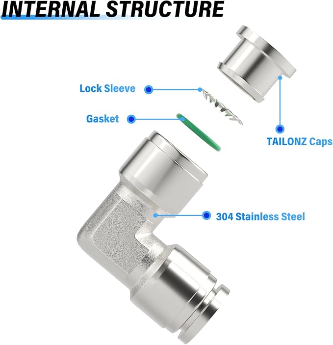TAILONZ 304 Stainless Steel Elbow 3/8" 1pcs | 90° Push-to-Connect Elbow Fitting - Image 3