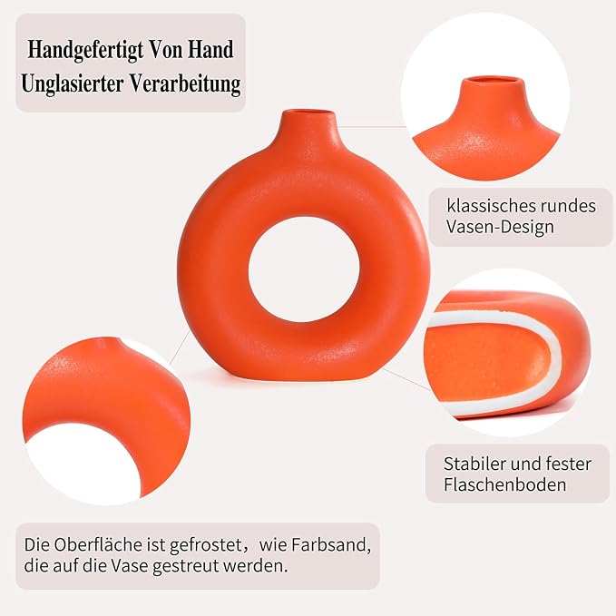 Orange Ceramic Donut Vase Set of 2, Hollow Round Matte Pampas Flower Vases - Image 2