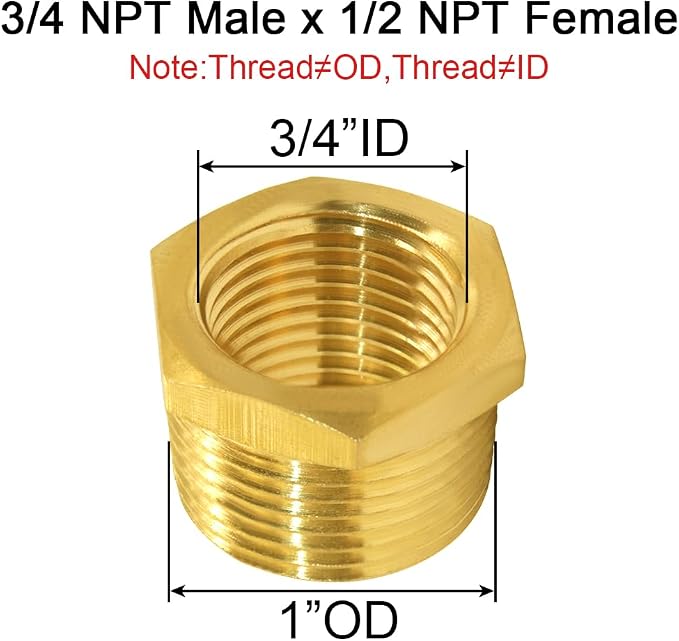Joywayus 2Pcs Brass Reducing Hex Bushing 3/4" NPT Male to 1/2" NPT Female | - Image 2