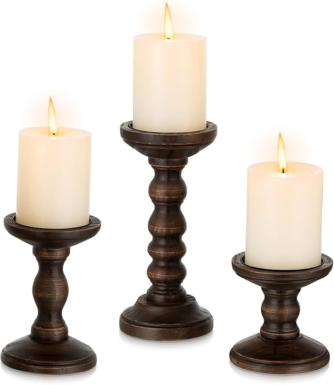 Romadedi Wood Candle Holders for Pillar, Dark Brown, Farmhouse Candle Stand by ROMADEDI