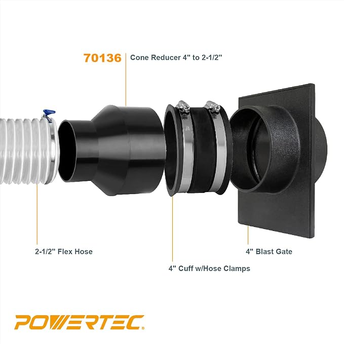 POWERTEC 70136-P4 4 Inch Hose to 2-1/2 Inch Hose Cone Reducer, Dust Collection - Image 2