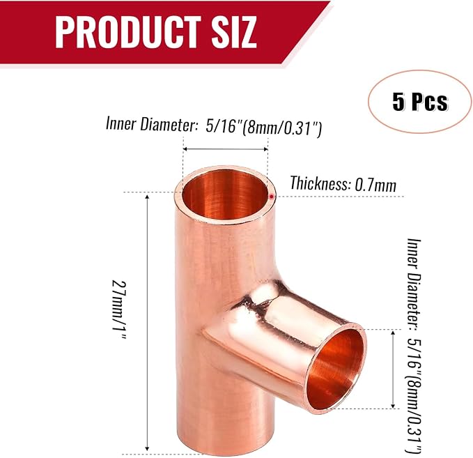 5/16" Copper Tee, Copper Three-Way Fitting Welding Joint, Sweat Solder - Image 2