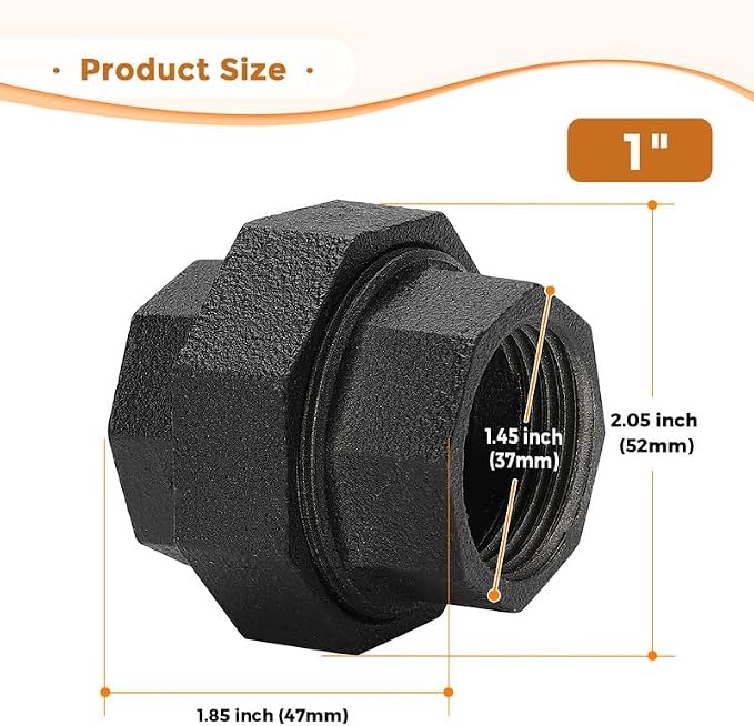1" Black Pipe Fittings Union Home Expert 10 Pack | Malleable Cast Iron Pipe - Image 3