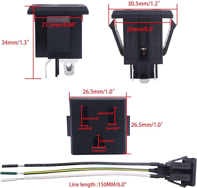 weideer 3Pcs 3 Pins US Power Socket Plug Panel 15A 125V AC Panel Mount Outlet - Image 4