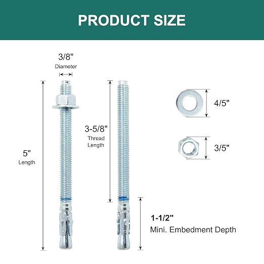 3/8" x 5" Concrete Anchors 3/8 inch Wedge Anchors Bolts Zinc Plated - Image 2