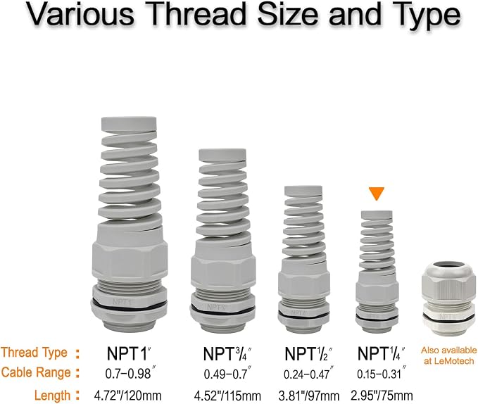 10Pcs NPT 1/4" IP68 Waterproof Cable Gland Flex Spiral Strain Relief Grey Nylon - Image 6