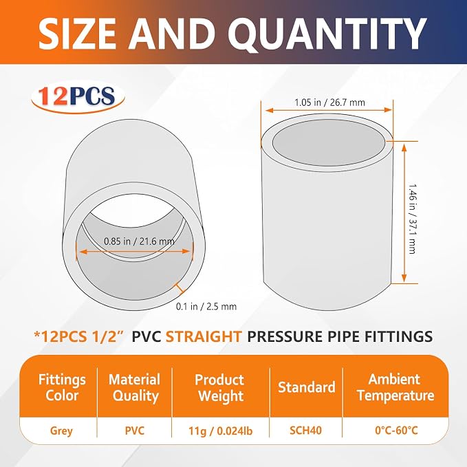 12PCS 1/2" Gray PVC Pipe Coupling Adapter Pipe Fittings Slip Socket PVC - Image 2