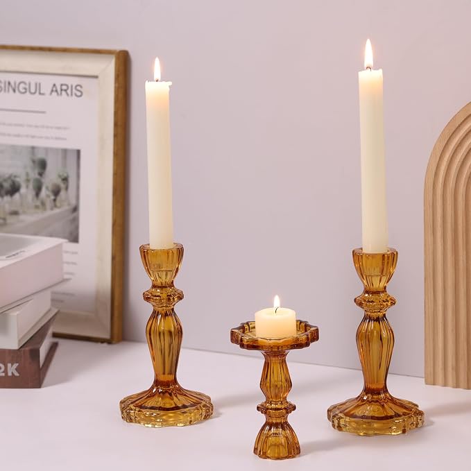 Amber Candlestick Holders Set of 6, Glass Taper Candle Holders | 4.3" H & 6.3" H - Image 4