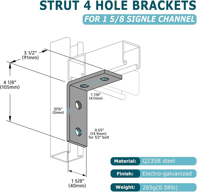 8Pcs 4 Hole 90 Degree Bracket for 1 5/8 Strut Channel, Heavy Duty L Brackets - Image 2