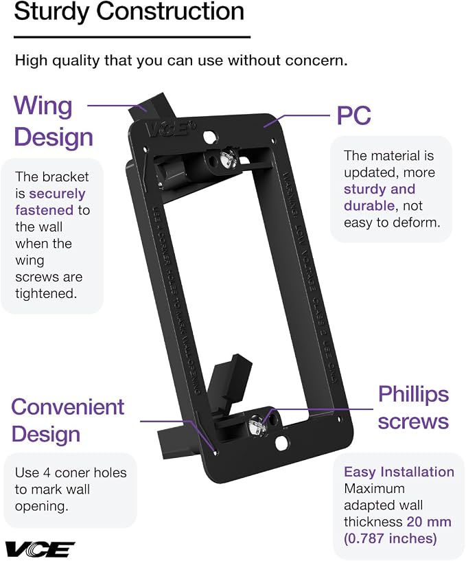 VCE Low Voltage Mounting Bracket Single Gang Wall Plate, Flush Low Voltage Box - Image 5