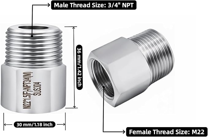 SummerHolz 3/4" NPT Male to M22 x 1.5 Female Adapter, 304 Stainless Steel - Image 2