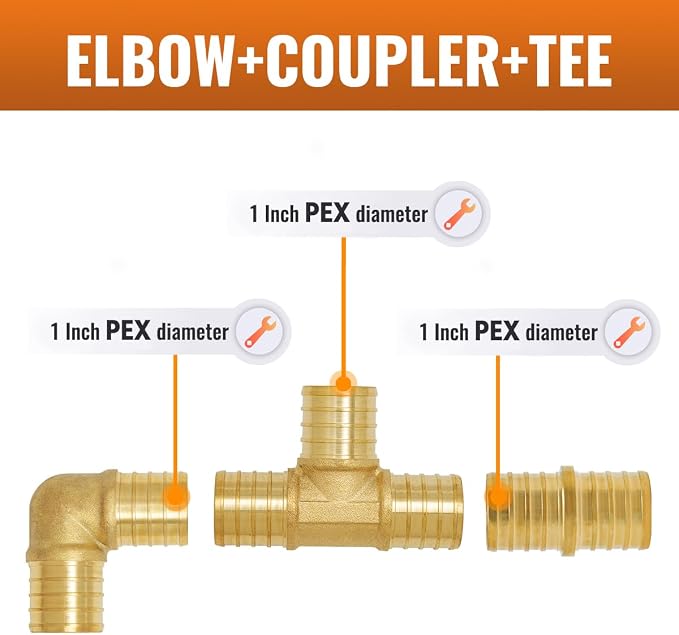 15-Pack 1 Inch PEX Fittings Kit, 5 Each Elbow Tee Coupling | Brass Crimp Pipe - Image 2