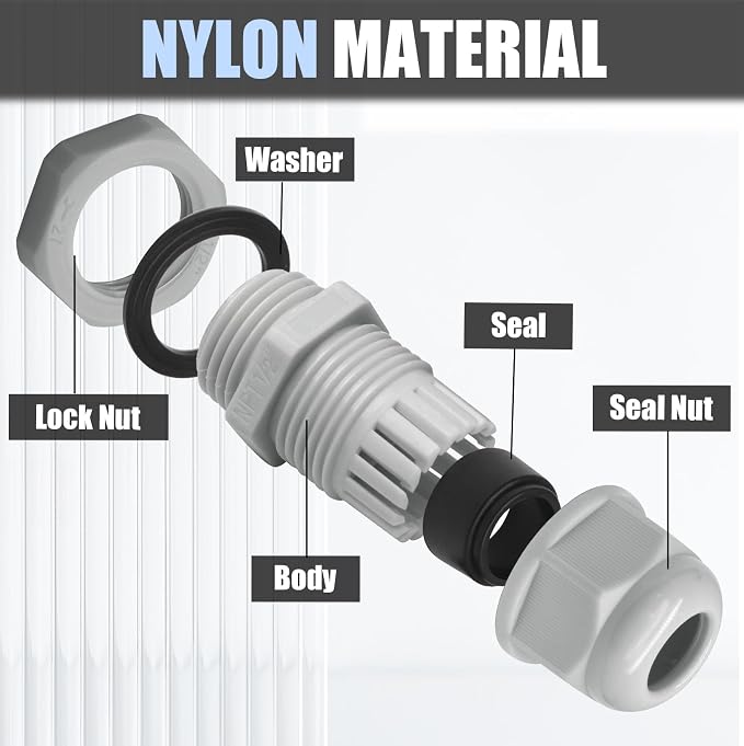 12 Pcs 1/2" NPT Nylon Cable Glands, Rubber Gasket Seal - Image 3