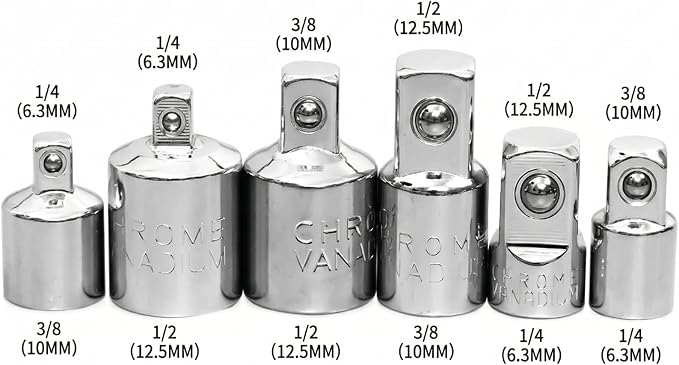 6 PCS Socket Adapter and Reducer Set, 1/4 to 3/8, 3/8 to 1/2, 1/4 to 1/2 Impact - Image 2