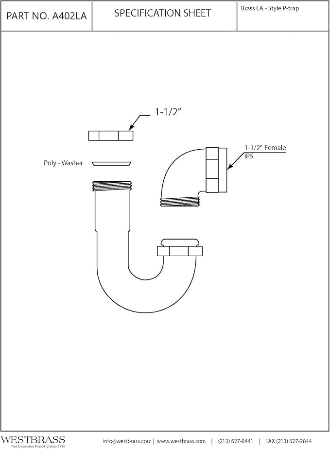 Westbrass A402LA-07 1-1/2" Brass LA Code P-Trap, Satin Nickel - Image 2
