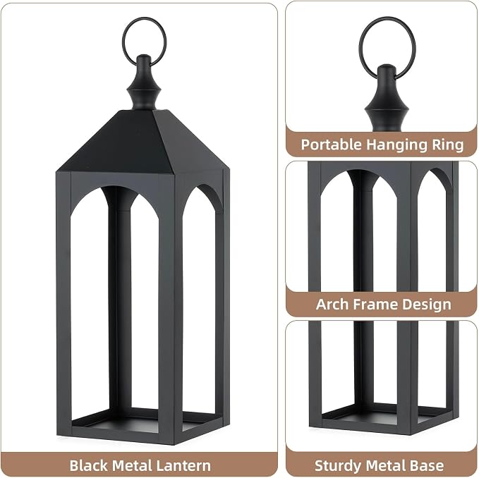 17" & 11" Black Metal Outdoor Floor Lantern, Front Porch Decor | Set of 2 - Image 5