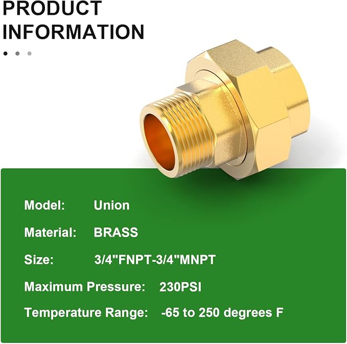 2PCS Brass Union，3/4" NPT Male x 3/4" NPT Female Brass Pipe Fitting - Image 4
