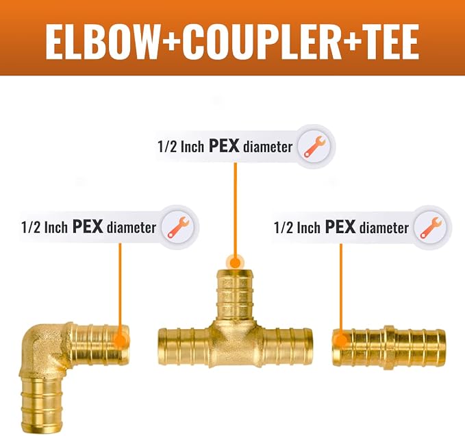 12-Pack 1/2 Inch PEX 90 Degree Elbow + Tee + Coupling | Brass, Crimp Pipe - Image 2